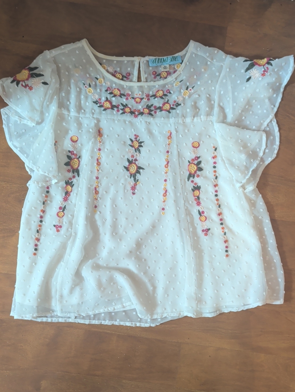 Aina Be White Swiss-Dot Blouse with Yellow & Pink Floral Embroidery